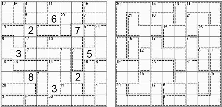 Figure 11. Sums Number Place (samu nanpure) (Puzzler 2002-02), Killer Sudoku by Tetsuya Nishio (London Times 2005-08).