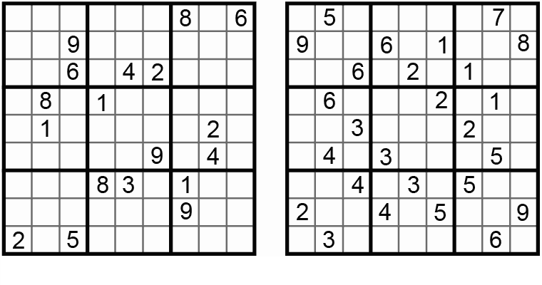 Figure 2. Two normal Sudoku/Number Place/Nanpure puzzles. (Reader submissions to Nanpure Fan, 2004-10)