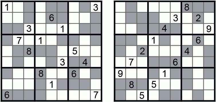 Figure 4. Even-Odd Number Place (Guusuu Kisuu Nanpure). Nanbaapureesu (Number Place) 2004-09. Gray cells are even, white cells are odd.